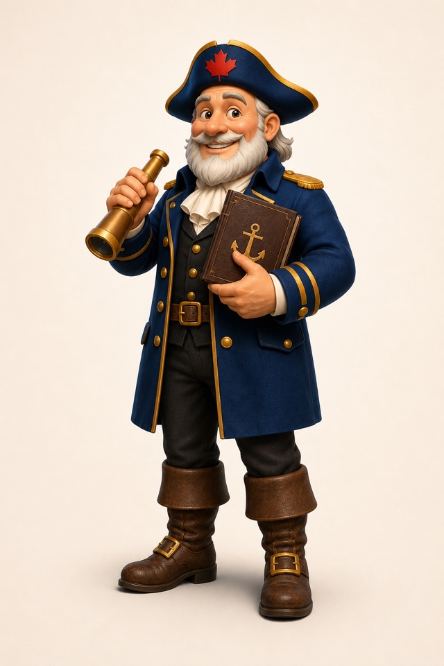 Captain Clearwater in a navy coat with gold trim, holding a spyglass and a logbook