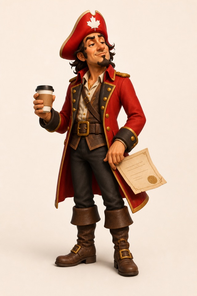 Captain Contrary in a red pirate coat and maple-leaf hat, holding a coffee cup and loose paperwork
