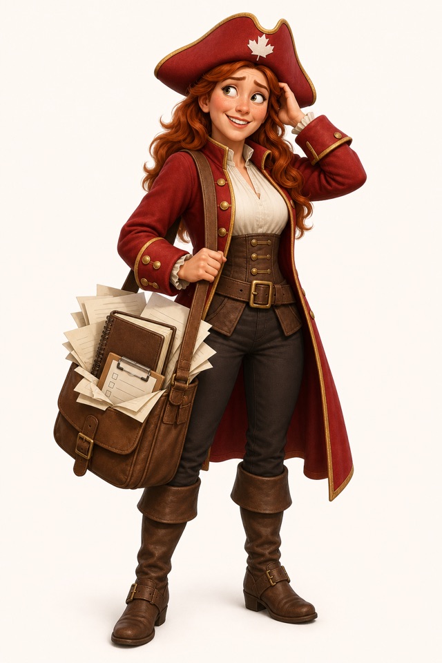 Scarlet “Scally” Briggs in a red coat with a satchel of overflowing papers